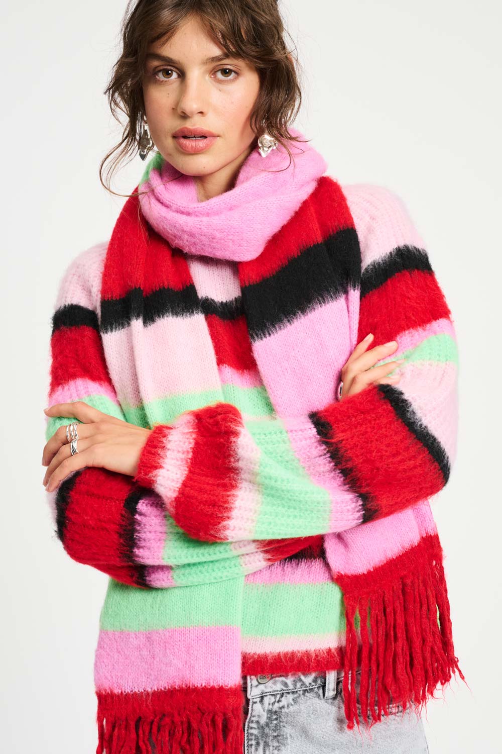 POM Amsterdam Shawls Multi colour / OS ECHARPE - Brushed Stripes Green