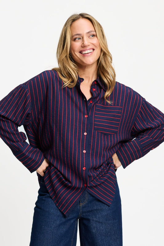 POM Amsterdam Blouses Blue / 34 BLOUSE - Beau Twill Striped Blue