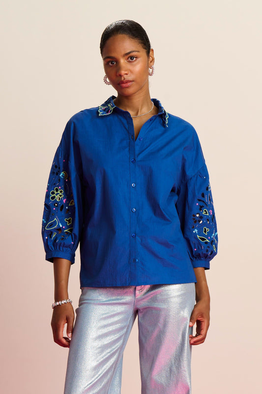 POM Amsterdam Blouses Blue / 34 BLOUSE - Embroidery Ink Blue