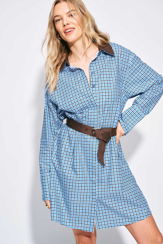 POM Amsterdam Dresses Blue / 34 ROBE - Indy Check Sapphire Blue